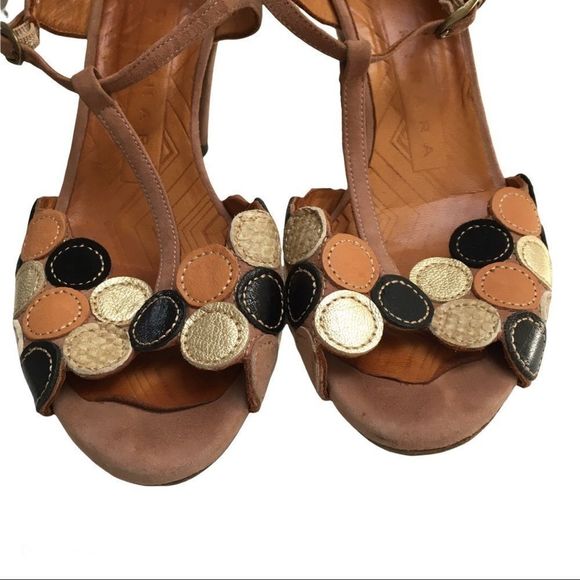 Anthropologie Chie Mihara Quory metallics circle medallion heel Sandals size 6.5 - Picture 10 of 16